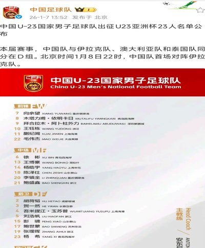 曝U23国足已圈定出战亚运超龄球员 张玉宁高天意朱辰杰在列